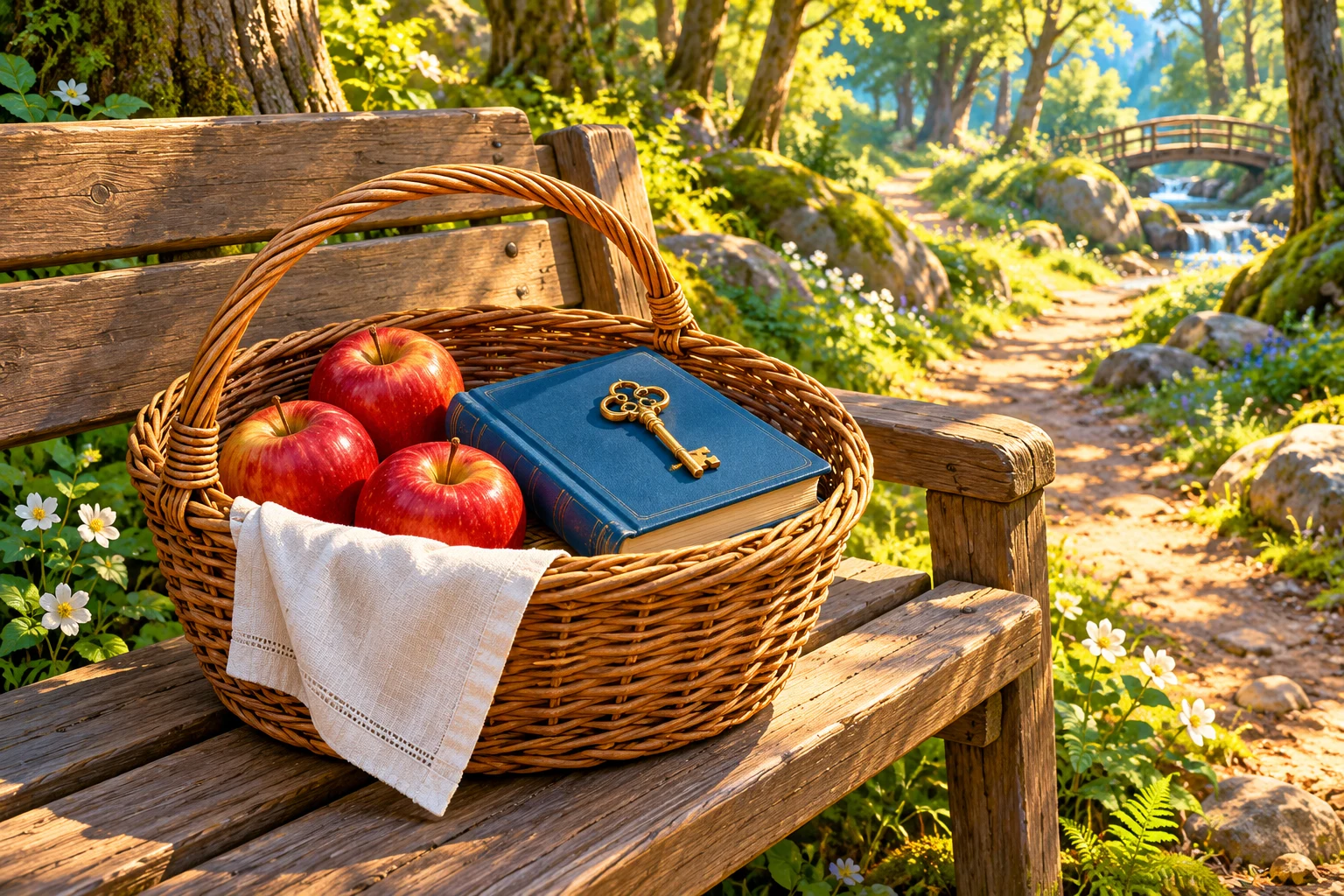 Un panier posé sur un banc dans la forêt.